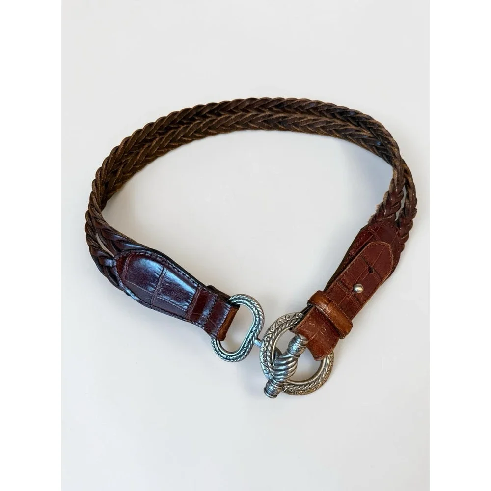 Lands End Belt Vintage Double Strap Brown Leather Woven Silver Toggle Size 26